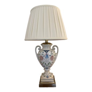 1990s Frederick Cooper Ceramic and Brass Table Lamp Featuring Blue and Pink Floral Design For Sale