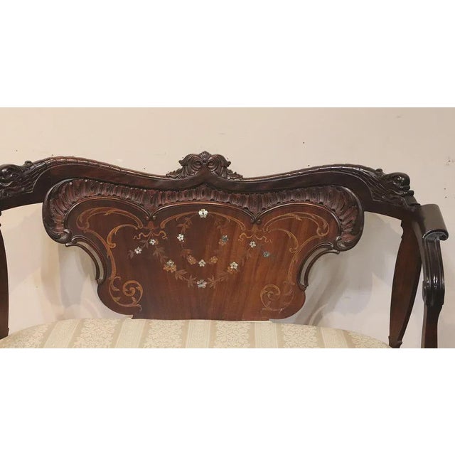 1900 - 1909 French Style Antique Mahogany Armchair & Single Chair Mother of Pearl For Sale - Image 5 of 6