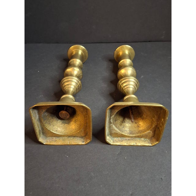 Antique English Brass Candlesticks Pair Multi-Knop Square Step Base 18th/19th C. For Sale In Boston - Image 6 of 6