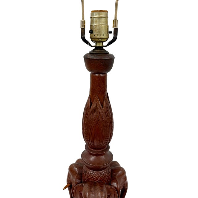 Mid-Century Thai Hand-Carved Teak Wood Elephant & Lotus Table Lamp Base Bring global mid-century soul into your space with...