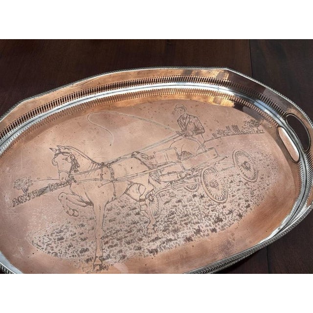 Metal Large Silver Plate Gallery Drinks Tray with Equestrian Copper Engraving For Sale - Image 7 of 9