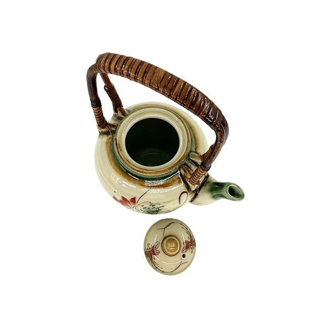 Asian Modern Bat Trang Vietnamese Ceramic Teapot, 6 Teacups & Dessert Tray With Striking Hand Painted Lotus Motif - Set of 8 For Sale - Image 15 of 17