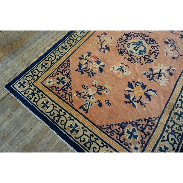 Textile 1890s Classic Medallion Antique Peking Chinese Wool Coral Hand Knotted Small Rug For Sale - Image 7 of 9