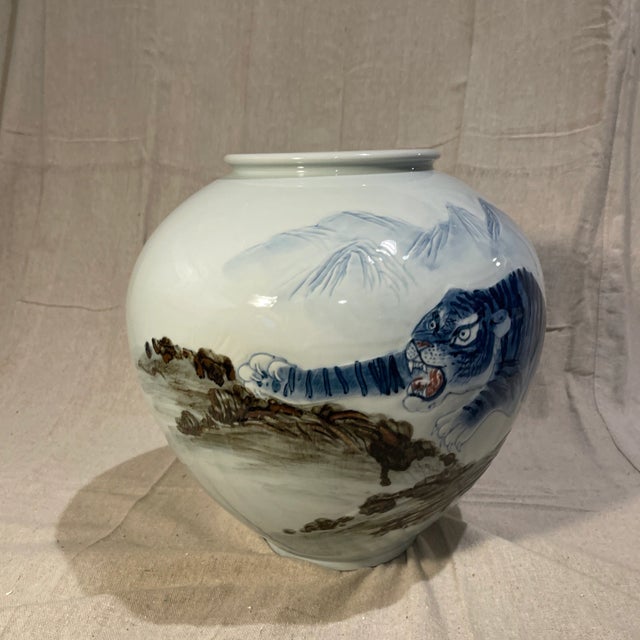 Large and impressive bulbous form under glazed Asian round porcelain vase with HandPainted Tiger with mountains and trees...