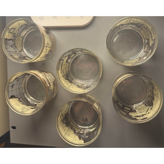 Metal 1960s Cera 22k Gold Old World Map Lowball Glasses - Set of 6 For Sale - Image 7 of 11
