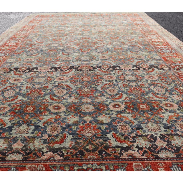 Tribal Antique Persian Bidjar Gallery Rug With Blue-Grey Field and Red Herati Design For Sale - Image 3 of 16