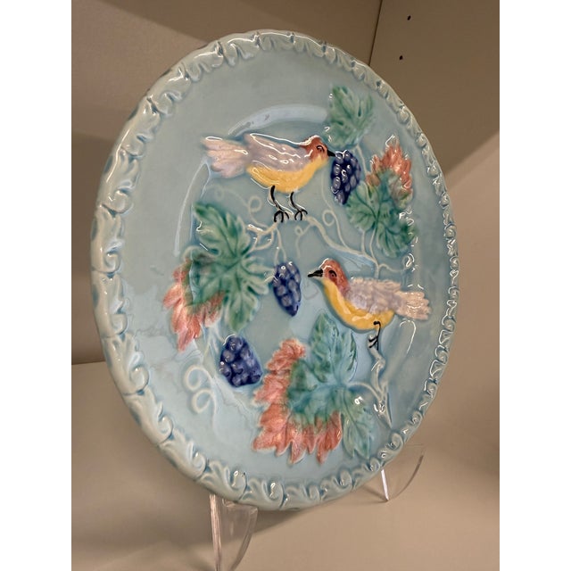 Mid 20th Century Majolica Plate | Bluebirds & Blackberries | Powder Blue Ceramic Wall Plate For Sale In Milwaukee - Image 6 of 6