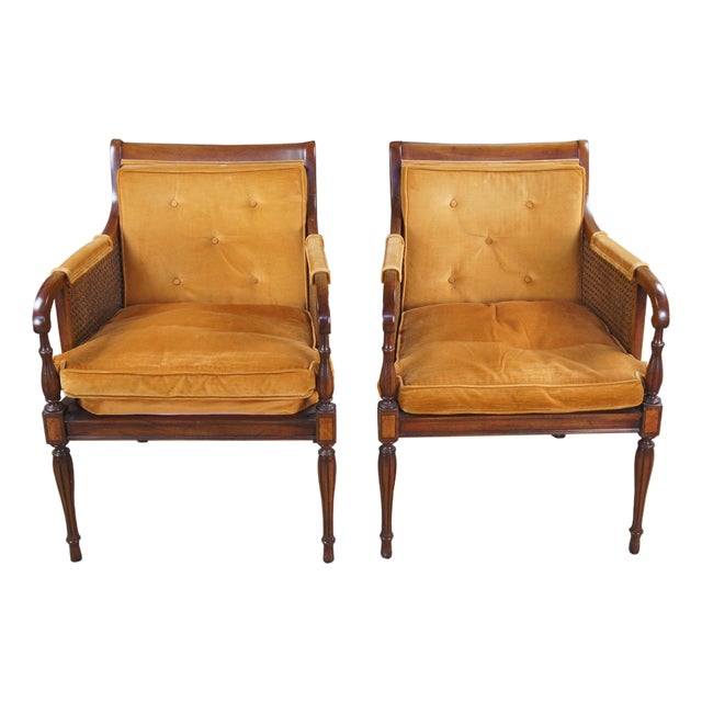 2 Hickory Chair French Regency Double Caned Walnut Fauteuil Bergere Armchairs For Sale