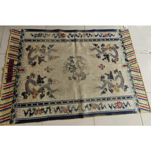 1920s Ivory Dragon Antique Chinese Silk & Metallic Threads Carpet 4'3" X 6'3" Handknotted Wool Rug For Sale - Image 4 of 14