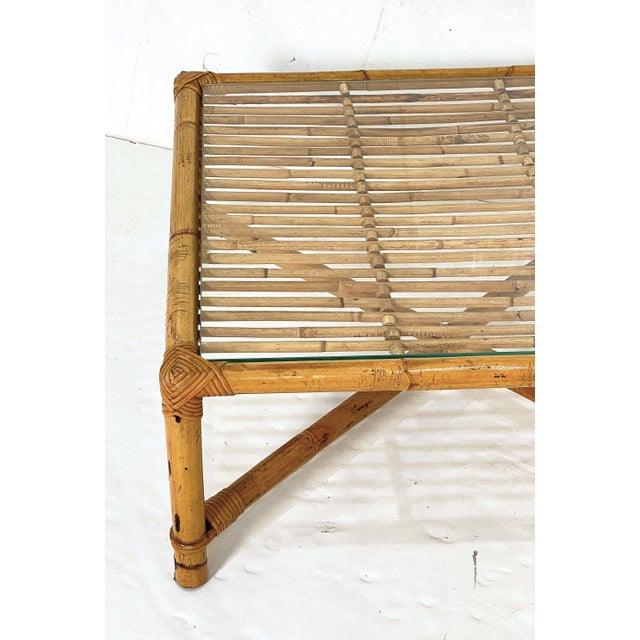 Italian Bamboo and Rattan Low or Coffee Table With Square Glass Top For Sale - Image 9 of 12
