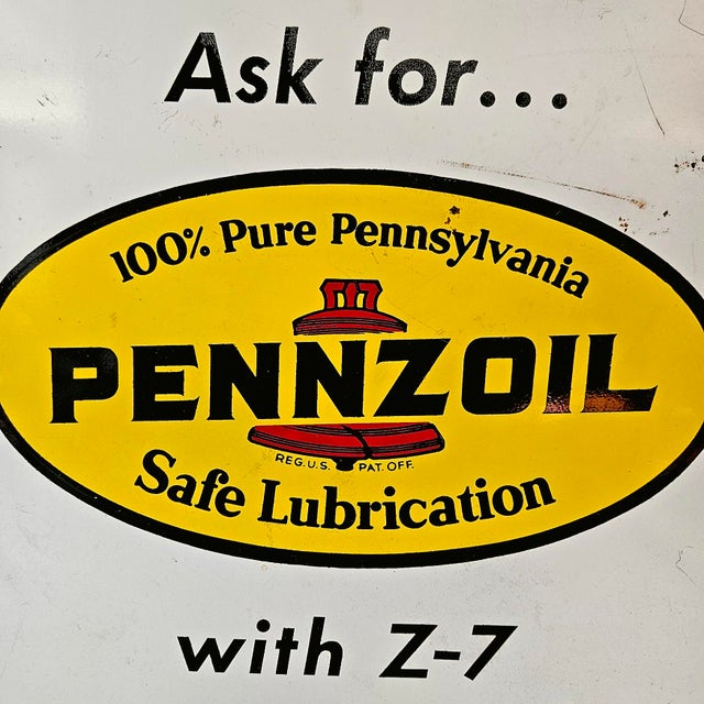 Vintage 1969 Pennzoil "Sound Horn We'll Open" Metal Gas Station Sign For Sale - Image 4 of 11