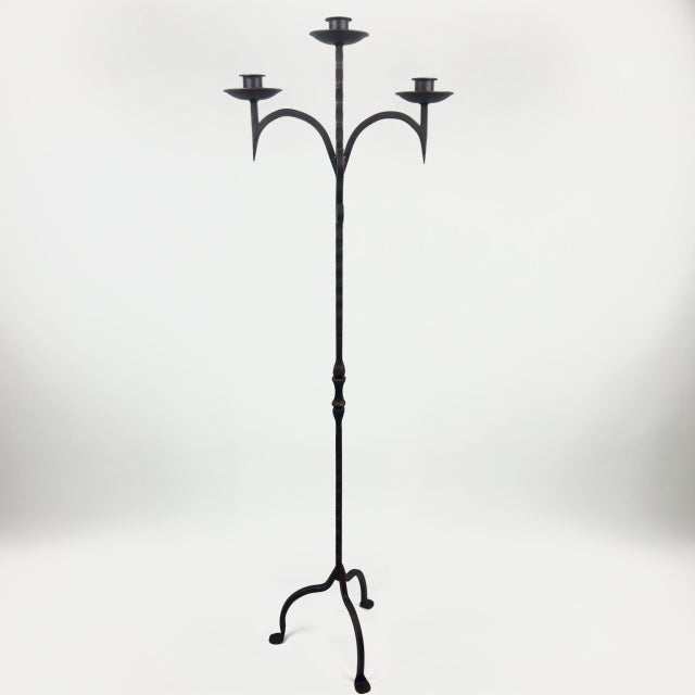 Black Hand Forged Iron Floor Candelabra 52″ (132cm) Antique Copper Patina 3-Arm Grand Vertical Statement Decor For Sale - Image 8 of 9