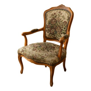 Louis XV Style Floral Tapestry Armchair with Carved Wood Frame, 1950s For Sale