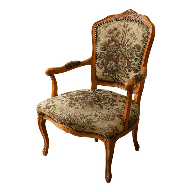 Louis XV Style Floral Tapestry Armchair with Carved Wood Frame, 1950s For Sale