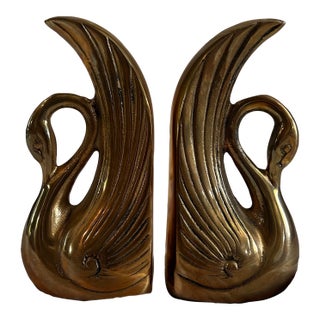 Vintage Art Deco Style Cast Brass Swan Bookends For Sale