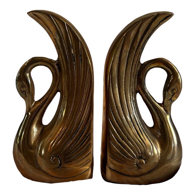 Vintage Art Deco Style Cast Brass Swan Bookends For Sale