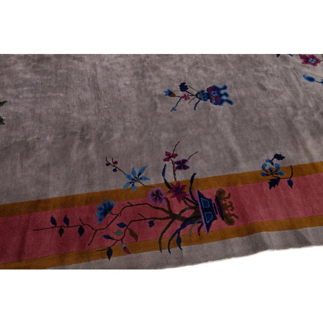 Gray 20th Century Antique Art Deco Handmade Gray Chinese Wool Rug With Floral Design For Sale - Image 8 of 11
