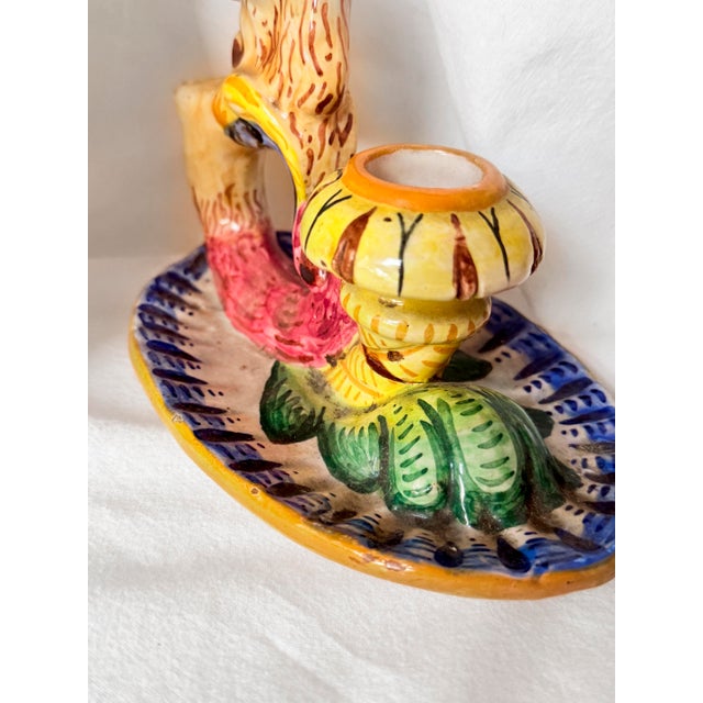 Vintage Mid-Century Modern, 1950s Italian Majolica Griffin Chambersticks, Hand-Painted Ceramic Pair For Sale - Image 14 of 16