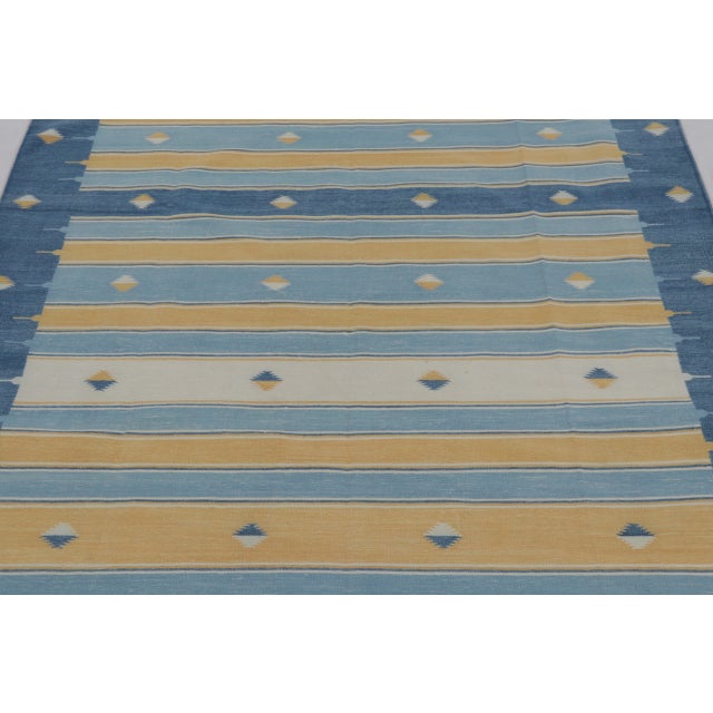 Rug & Kilim’s Indian Dhurrie Rug in Blue, Gold and Ivory Geometric Stripes For Sale - Image 4 of 9