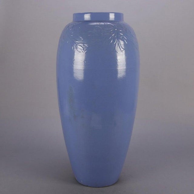 Ceramic Early 20th Century 2 Arts & Crafts McCoy School Pottery Periwinkle Swags & Bows Floor Vases For Sale - Image 7 of 11