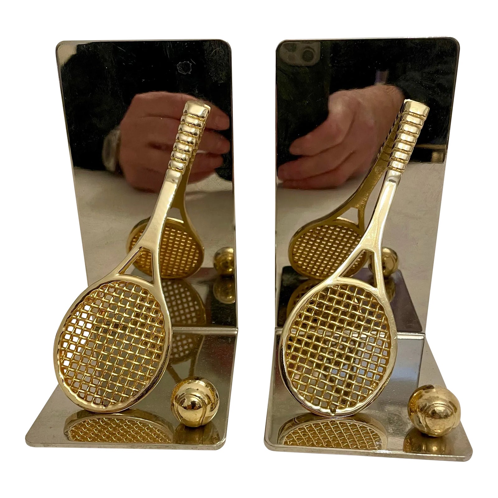Set of Polished Brass and Chrome Tennis Racket Bookends | Chairish