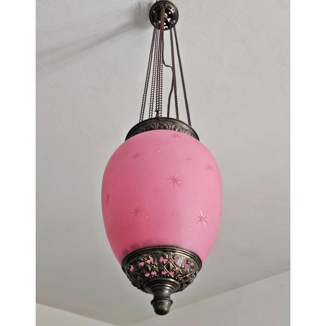 Antique Pink Glass and Brass Lantern, Austria, 1850s For Sale - Image 4 of 10