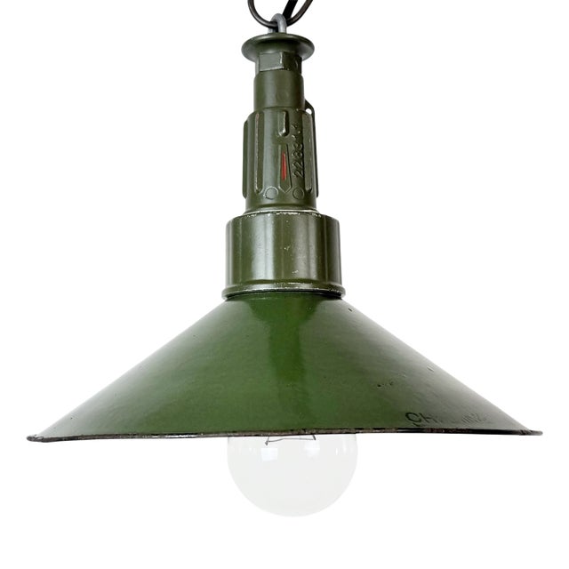 Industrial Green Enamel Military Pendant Lamp with Cast Aluminium Top, 1960s For Sale