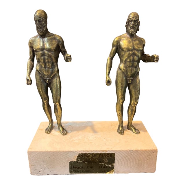 Vintage Italian Bronzi Di Riace Bronze Warrior Sculptures on Marble Base For Sale