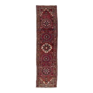 Persian Handmade Heriz Red Wool Runner With Medallion Floral Design