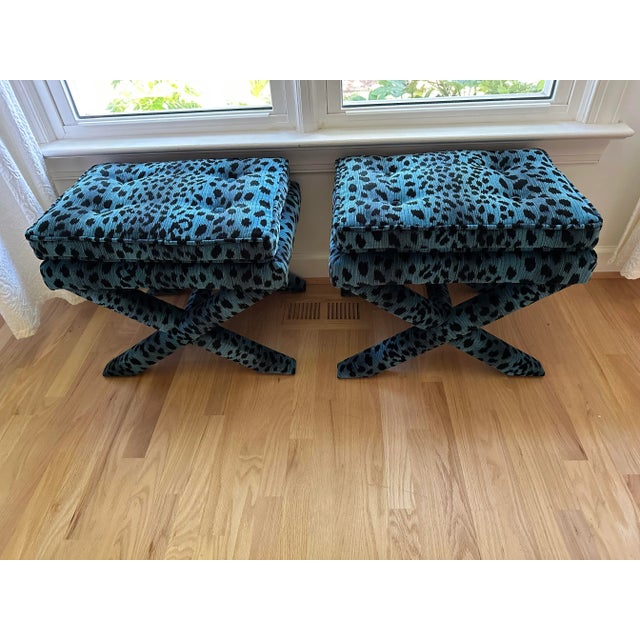Mid 20th Century Leopard X Base Stools Reupholstered With Blue Leopard by Lillian August for Hickory White Fabric - Set of 2 For Sale - Image 11 of 12