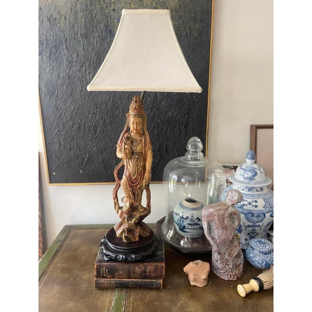 Olive Antique Guanyin Asian Lamp For Sale - Image 8 of 9