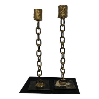 Vintage Chain Link Hand-Wrought Brutalist Candlesticks- a Pair For Sale