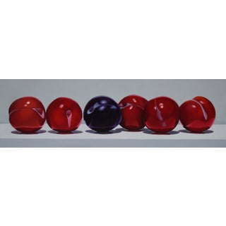 One Blue Plum by Suzy Smith | Oil on canvas Still life of red and blue plums on a surface For Sale