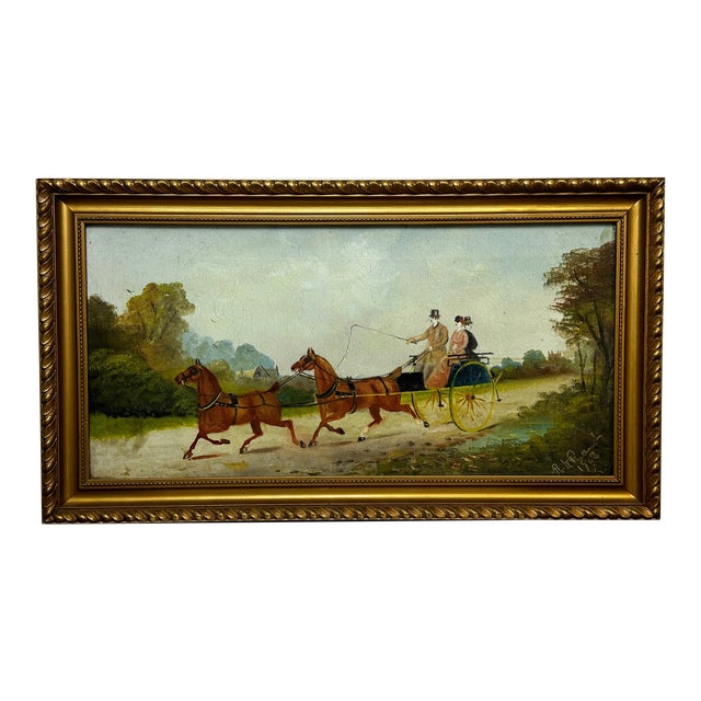 Antique British Edwardian Oil Painting of Horses & Carriage Coachman Riders Signed Philip H. Rideout For Sale