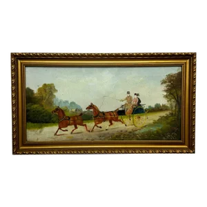 Antique British Edwardian Oil Painting of Horses & Carriage Coachman Riders Signed Philip H. Rideout
