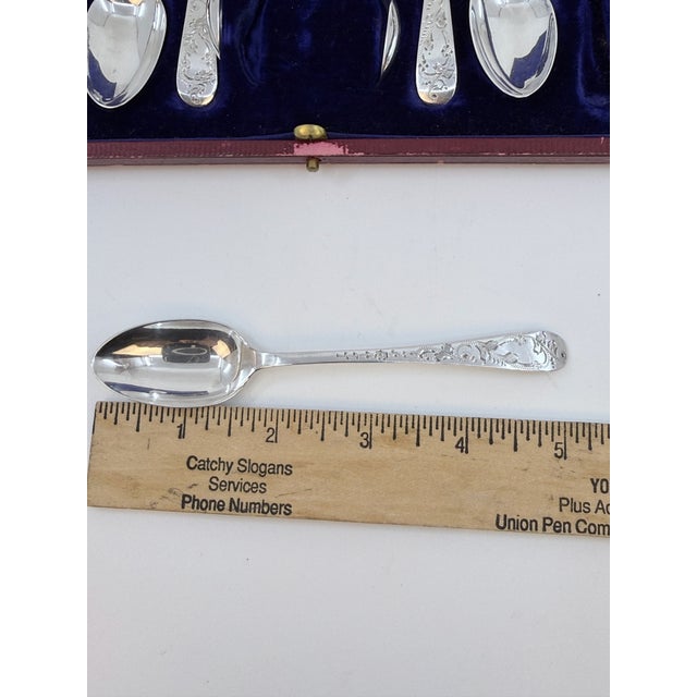 Silver Antique John Round and Sons Sterling Silver Coffee Spoons and Sugar Tongs w/ Case Circa 1905 - Set of Six For Sale - Image 8 of 16