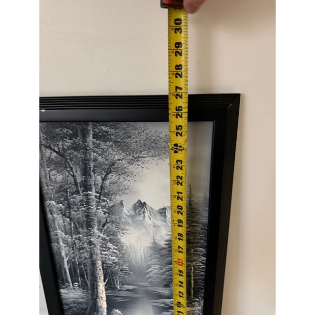 Paint Vintage Black White Riverscape Misty Mountains Oil Painting by M. Scott 14x27 For Sale - Image 7 of 7