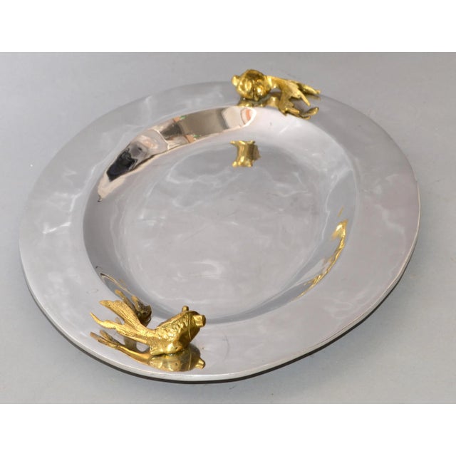 1970s Oval Serving Tray Platter Bronze Fish Handles and Chrome Finish Art Deco Style For Sale - Image 5 of 13