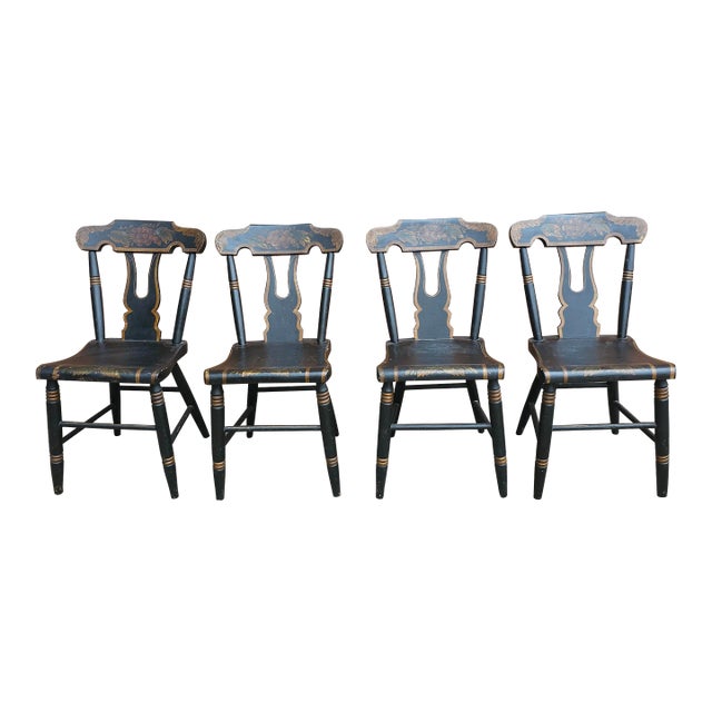 Set of Four 19th Century Ebonized and Decorated American Plank Chairs For Sale