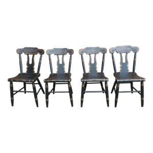 Set of Four 19th Century Ebonized and Decorated American Plank Chairs