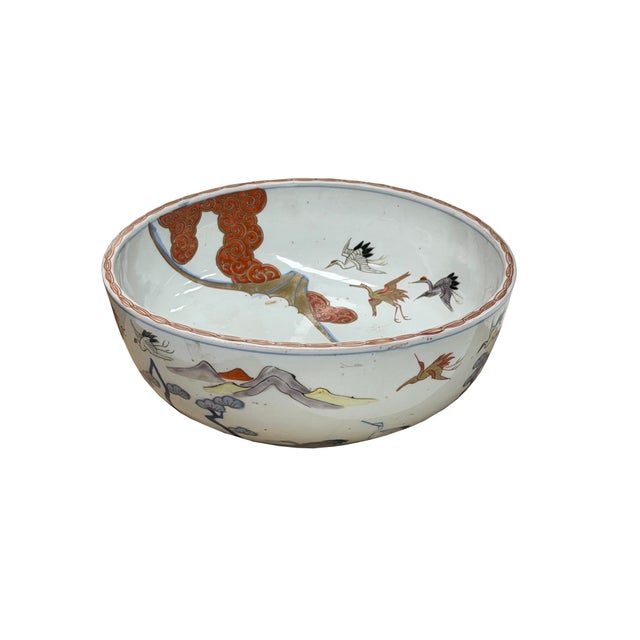9.5" Asian Style Longevity Cranes Cloud Painted Porcelain Art Bowl For Sale - Image 9 of 14
