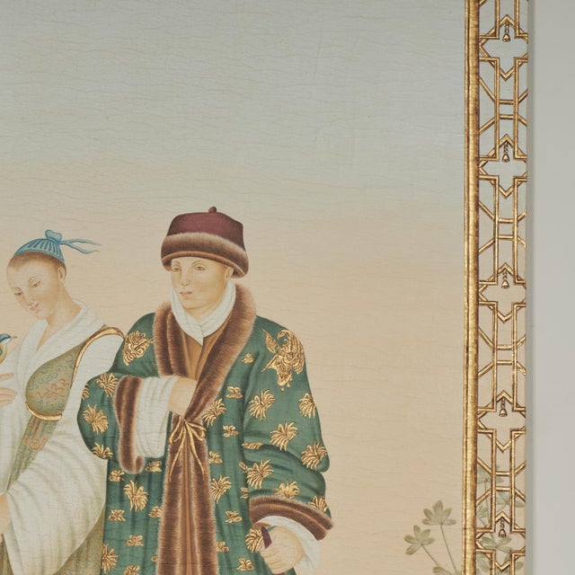 1990s Large Oriental Style Painting of Figures in a Garden For Sale - Image 5 of 12