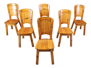 Vintage Pine Wood Dining Chairs, 1970s, Set of 6