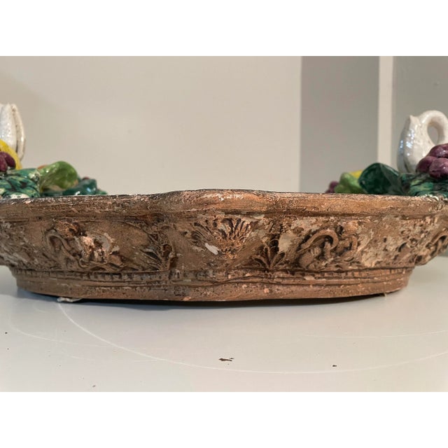 Monumental Italian Majolica Swan Centerpiece Bowl by Abigails Italy, Hand-Painted Fruit & Faux Bois, 24 For Sale - Image 9 of 11