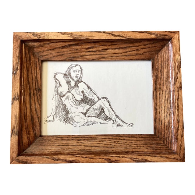 1970’s Modernist Abstract Female Nude Ink Drawing Vintage Oak Frame For Sale