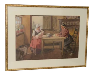 G. Howard Hilder "A Family Moment in Volendam" Original Watercolor C.1930s
