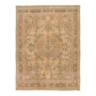 1950s Vintage Persian Tabriz Beige Handmade Medallion Wool Rug For Sale