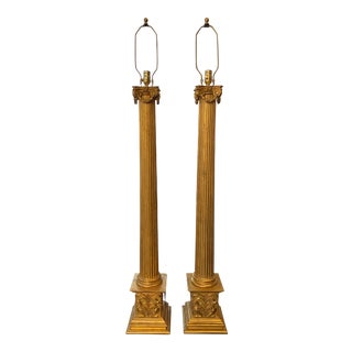 French Neoclassical Gilt Column Floor Lamps - a Pair For Sale