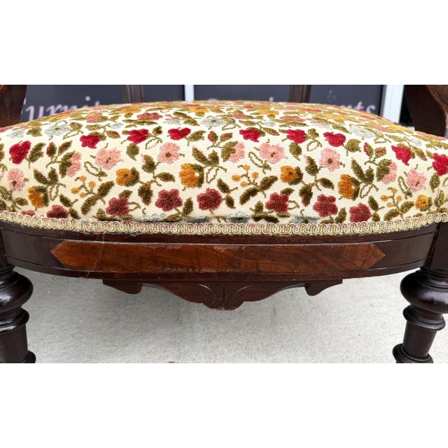 Pair of Antique Eastlake Walnut Parlor Chairs With Floral Upholstery For Sale - Image 14 of 15