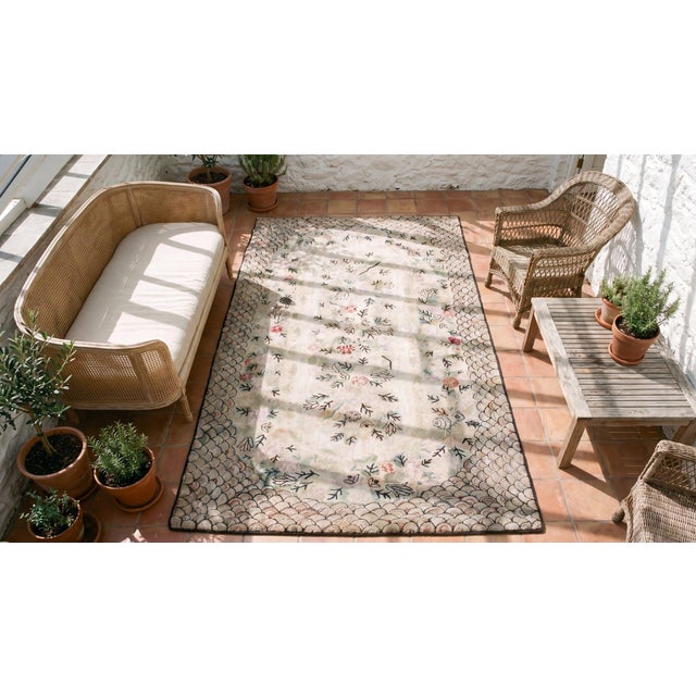 Ivory 1920s Ivory Floral Folk Art American Hooked Rug Gallery Rug 6' X 12' Handknotted Wool Carpet For Sale - Image 8 of 9